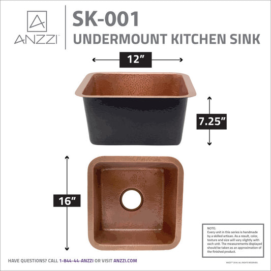 ANZZI Illyrian Drop-in Handmade Copper 16 in. 0-Hole Single Bowl Kitchen Sink in Hammered Antique Copper