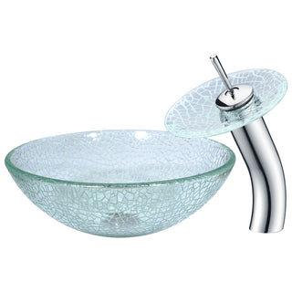 LS-AZ063 - ANZZI Choir Series 17 in. Round Bathroom Vessel Sink in Crystal Clear Mosaic Glass with Matching Chrome Waterfall Faucet