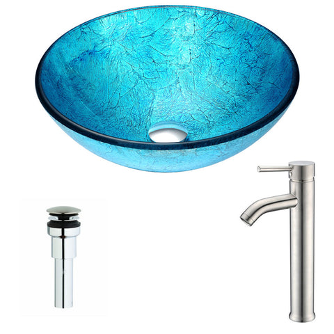Accent Series Deco-Glass Vessel Sink in Blue Ice with Fann Faucet in Brushed Nickel