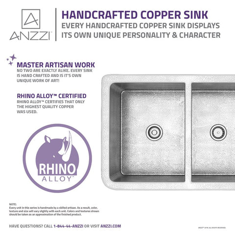 ANZZI Bengal Farmhouse Handmade Copper 33 in. 50/50 Double Bowl Kitchen Sink in Hammered Nickel